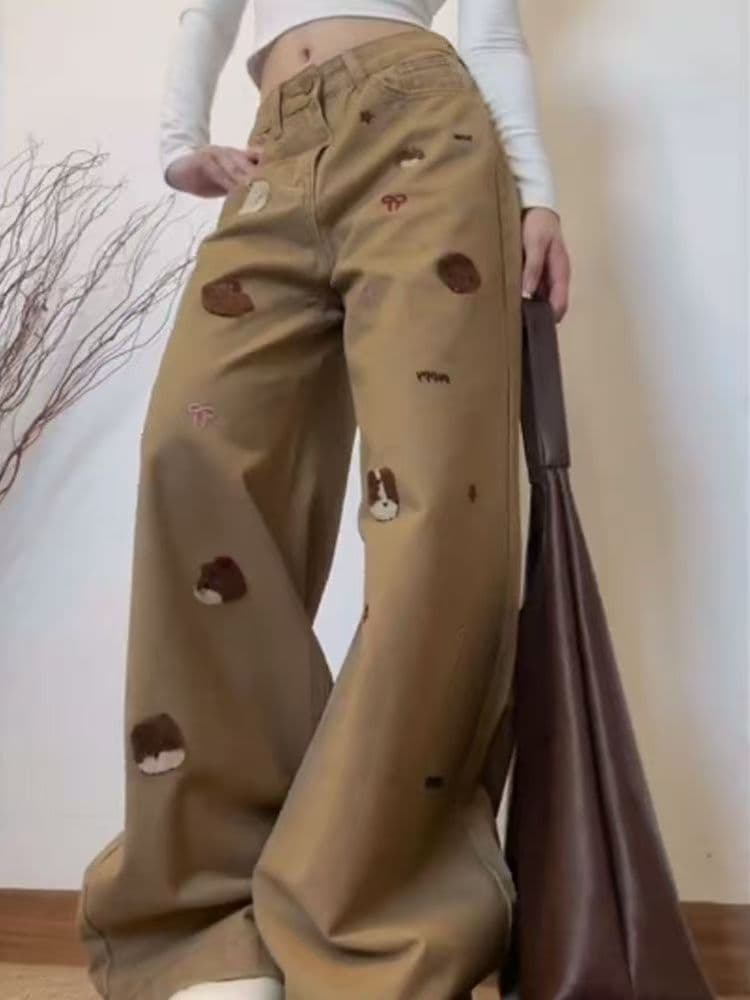 달콤한 차가운 핫걸 아메리칸 바람 강아지 자수 넓은 다리 청바지 여성 카키 색 루즈핏 느긋한 스트레이트 바닥 청소 긴 바지 상세 이미지 4