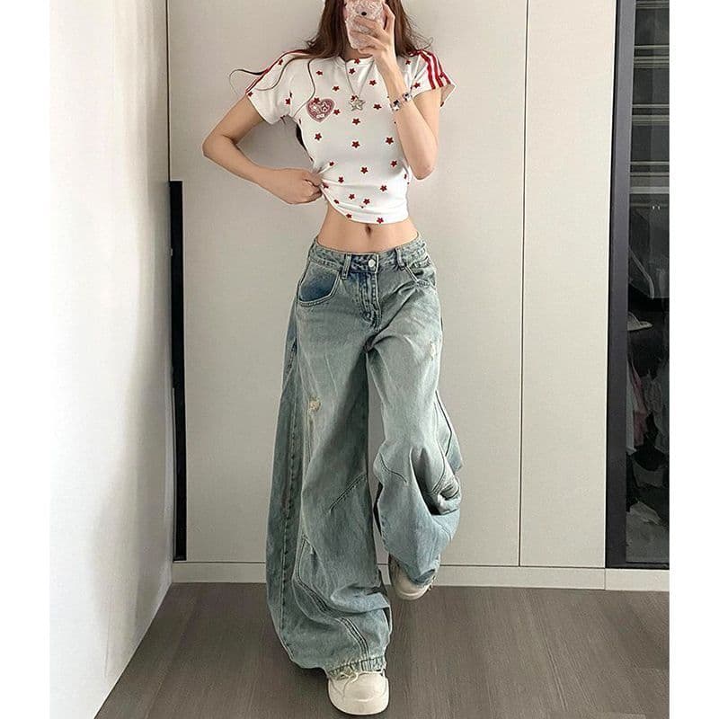 봄 가을 새로운 찢어진 부분 모통이 칼 청바지 여성 디자인 센스 루즈핏 넓은 다리 스트레이트 바닥 청소 데님 바지 이미지 2