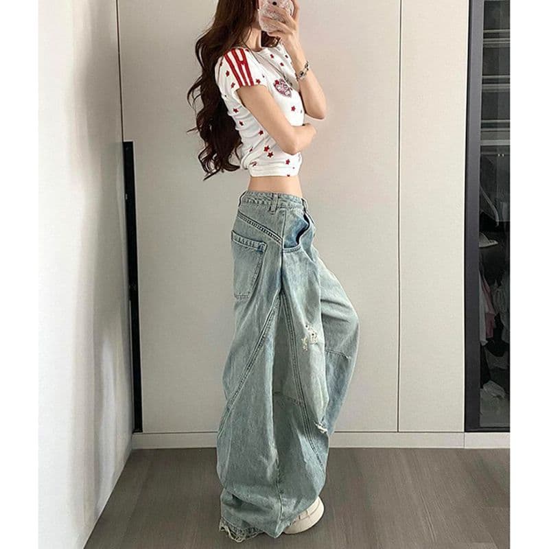 봄 가을 새로운 찢어진 부분 모통이 칼 청바지 여성 디자인 센스 루즈핏 넓은 다리 스트레이트 바닥 청소 데님 바지 이미지 3