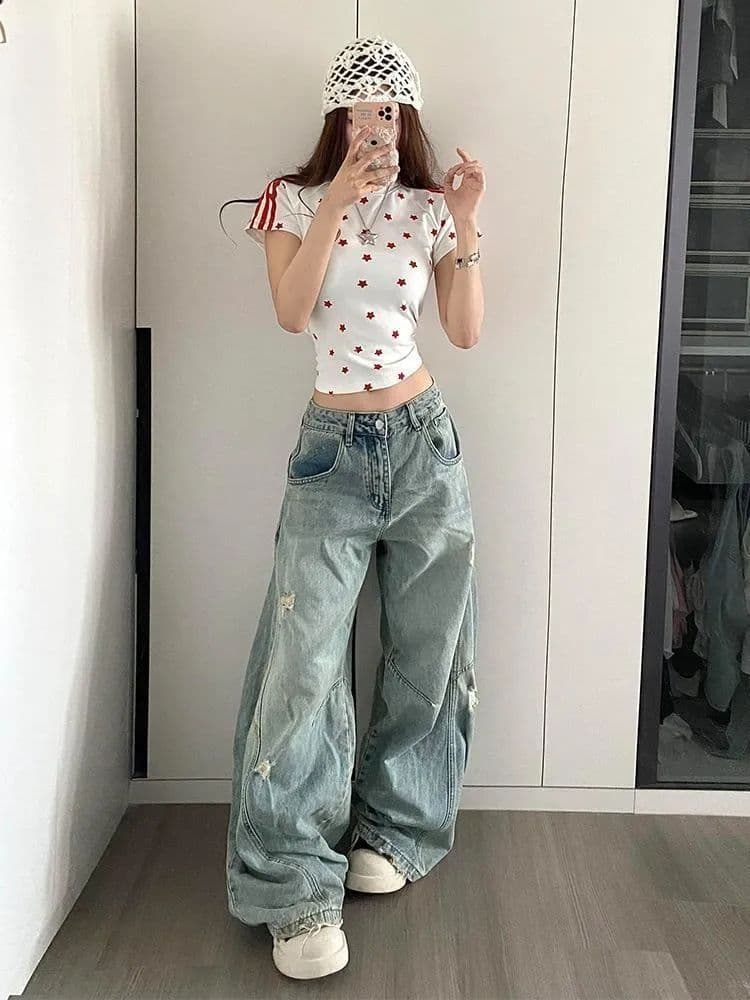 봄 가을 새로운 찢어진 부분 모통이 칼 청바지 여성 디자인 센스 루즈핏 넓은 다리 스트레이트 바닥 청소 데님 바지 상세 이미지 1