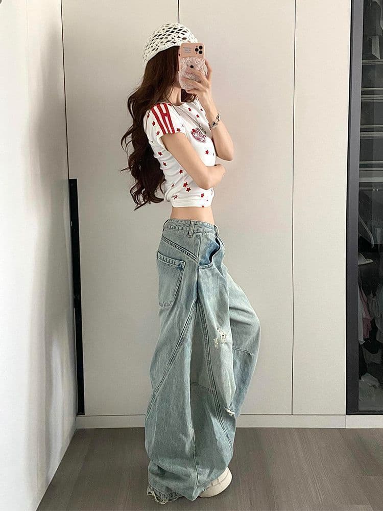 봄 가을 새로운 찢어진 부분 모통이 칼 청바지 여성 디자인 센스 루즈핏 넓은 다리 스트레이트 바닥 청소 데님 바지 상세 이미지 5