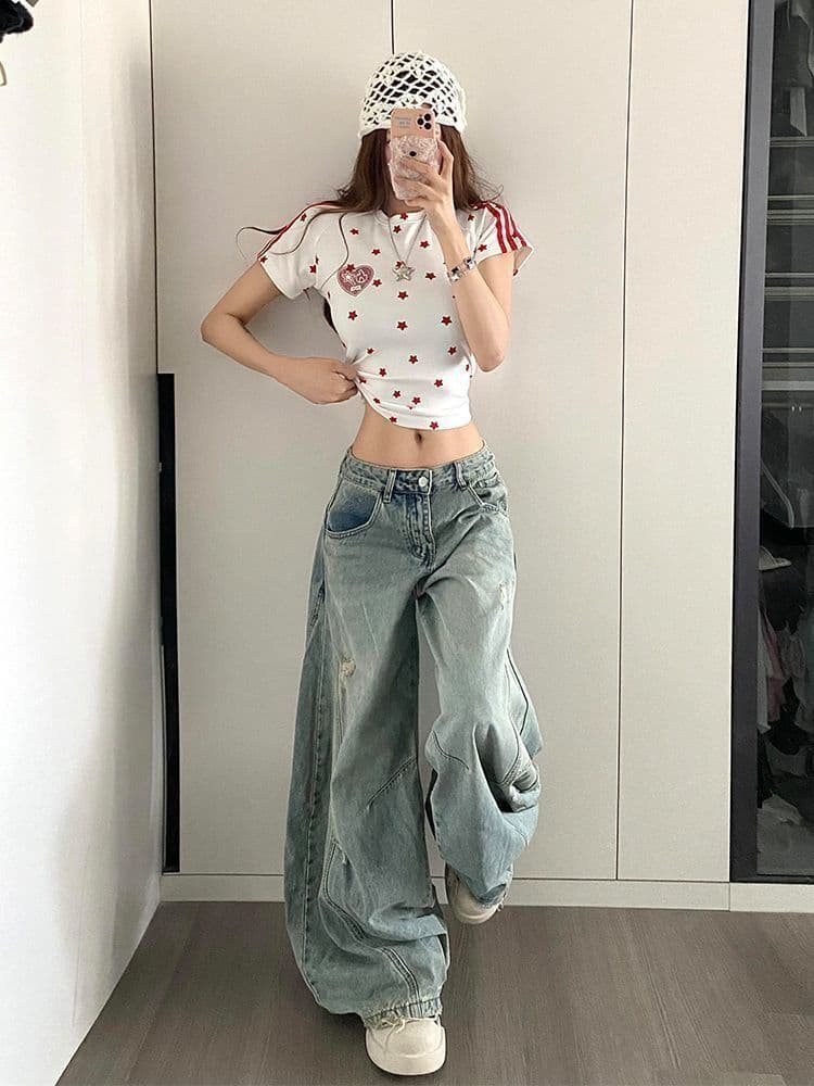 봄 가을 새로운 찢어진 부분 모통이 칼 청바지 여성 디자인 센스 루즈핏 넓은 다리 스트레이트 바닥 청소 데님 바지 상세 이미지 6