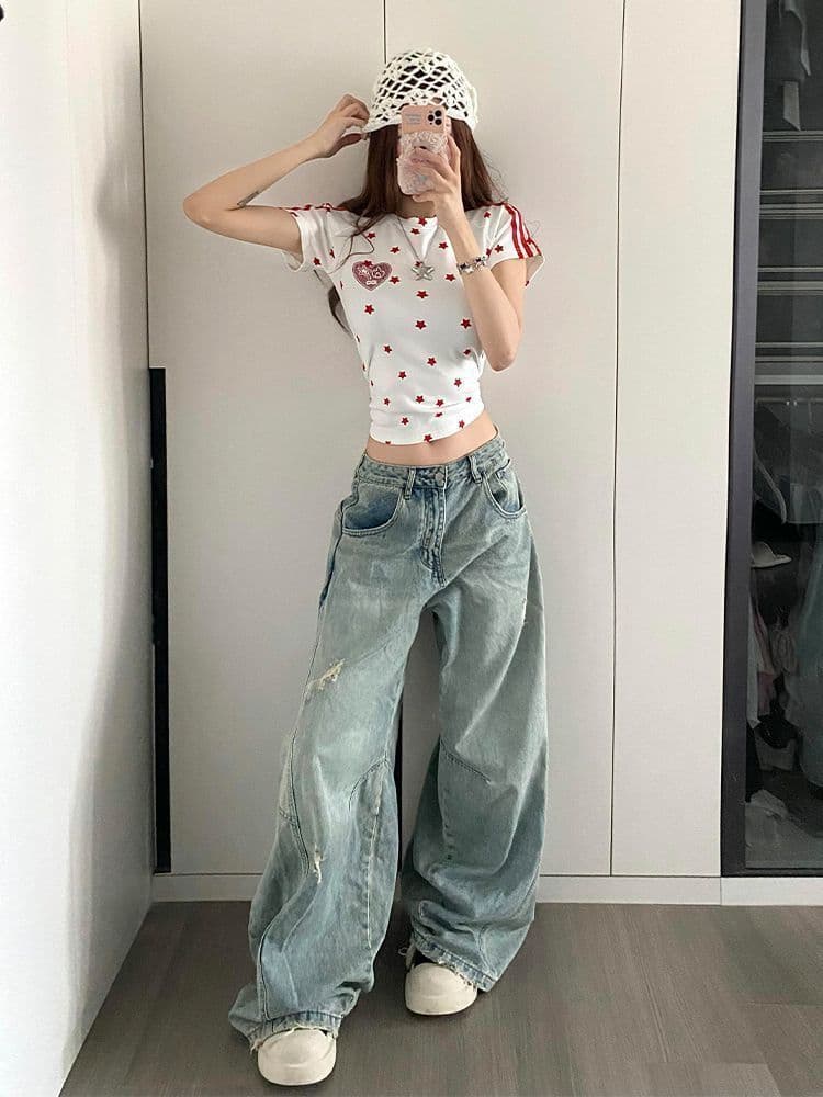 봄 가을 새로운 찢어진 부분 모통이 칼 청바지 여성 디자인 센스 루즈핏 넓은 다리 스트레이트 바닥 청소 데님 바지 상세 이미지 8