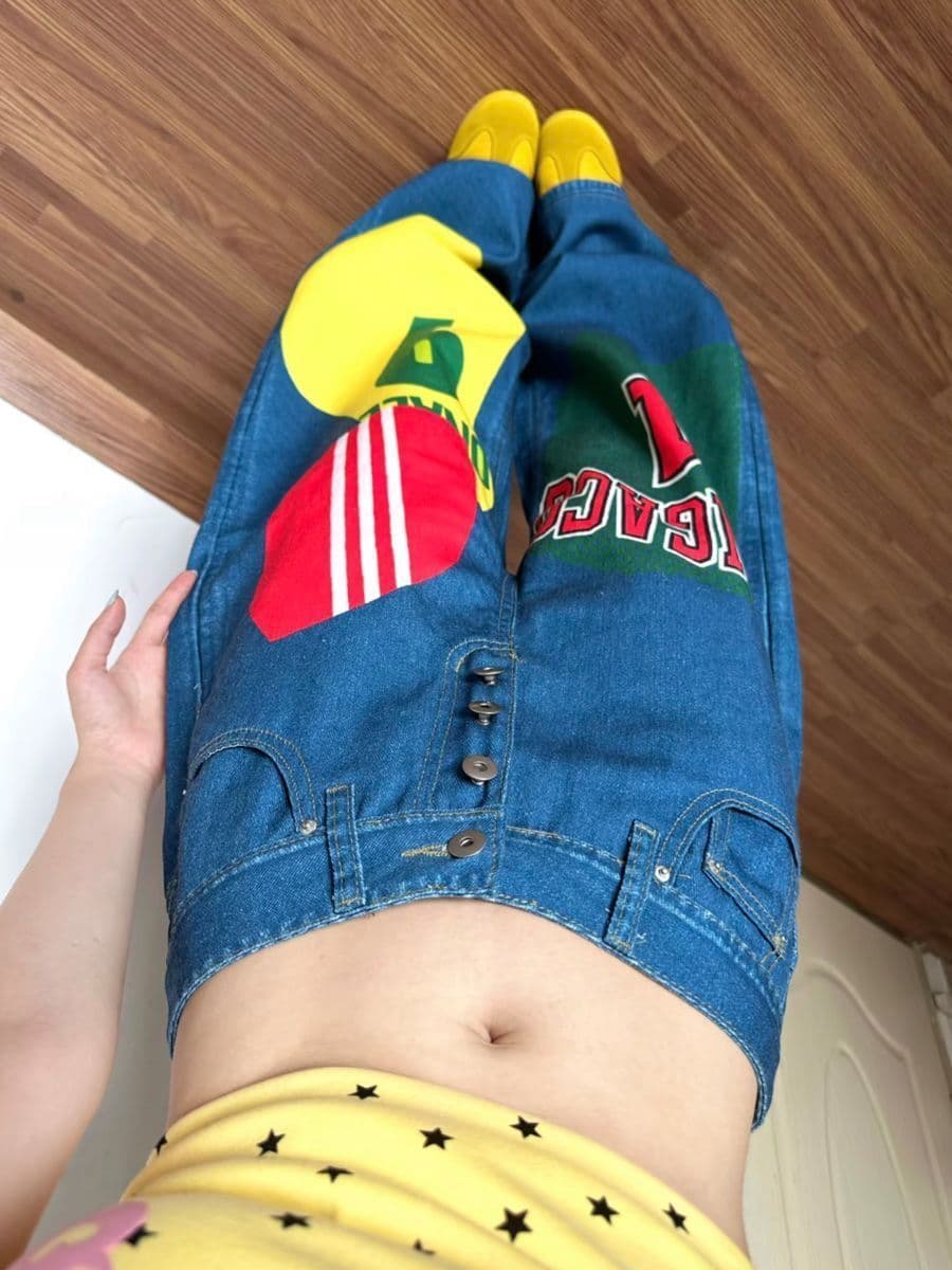 아메리칸 레트로 핫걸 청바지 여성 패치워크 작은 대중 루즈핏 슬림해 보이는 스트레이트 넓은 다리 바닥 청소 바지 이미지 4