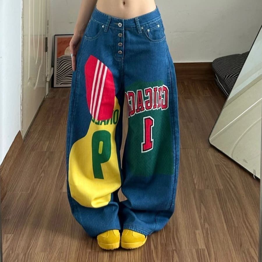 아메리칸 레트로 핫걸 청바지 여성 패치워크 작은 대중 루즈핏 슬림해 보이는 스트레이트 넓은 다리 바닥 청소 바지