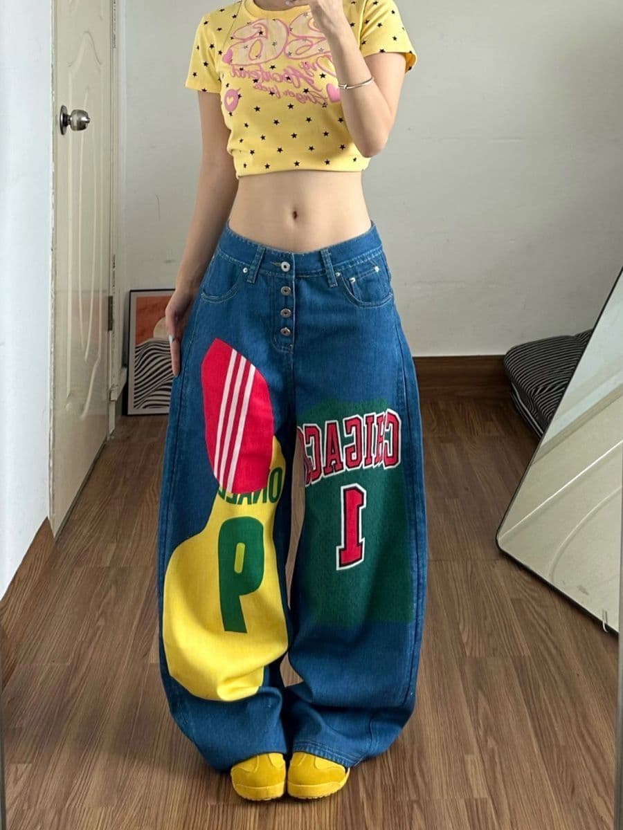 아메리칸 레트로 핫걸 청바지 여성 패치워크 작은 대중 루즈핏 슬림해 보이는 스트레이트 넓은 다리 바닥 청소 바지 상세 이미지 1