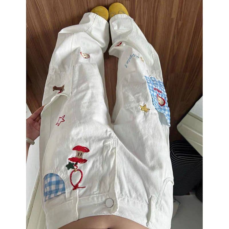 학원 스타일 출퇴근 재미있는 애플 강아지 자수 청바지 여성 봄 가을 새로운 루즈핏 스트레이트 청바지 트렌디 이미지 2
