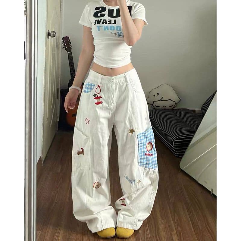 학원 스타일 출퇴근 재미있는 애플 강아지 자수 청바지 여성 봄 가을 새로운 루즈핏 스트레이트 청바지 트렌디 이미지 3