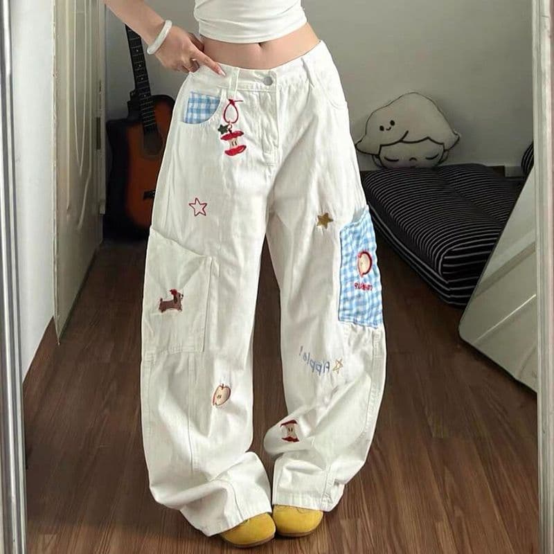 학원 스타일 출퇴근 재미있는 애플 강아지 자수 청바지 여성 봄 가을 새로운 루즈핏 스트레이트 청바지 트렌디