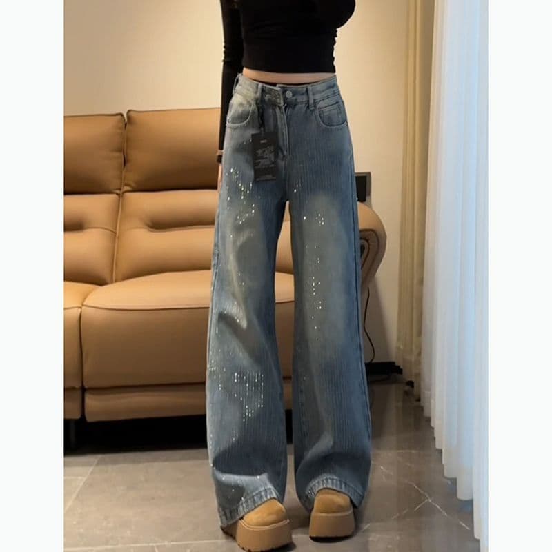하이웨이스트 스트레이트 청바지 여성 봄과 가을 폭발 슬림해 보이는 디스플레이 높음 전체 훈련 루즈핏 패션 바닥 청소 청바지 이미지 4