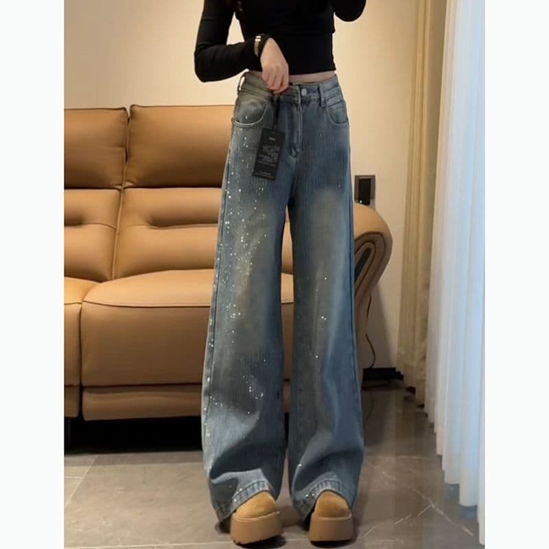 하이웨이스트 스트레이트 청바지 여성 봄과 가을 폭발 슬림해 보이는 디스플레이 높음 전체 훈련 루즈핏 패션 바닥 청소 청바지 이미지 2