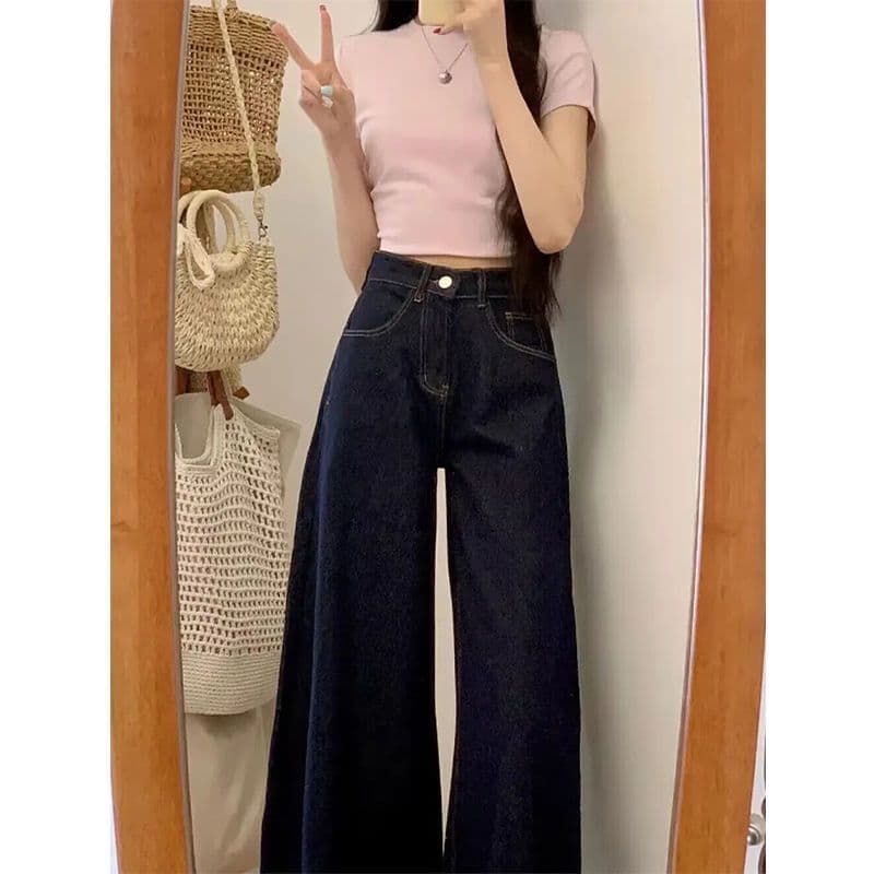 아메리칸 레트로 스타일 높음 거리 루즈핏 표지 넓적 다리 슬림해 보이는 스트레이트 넓은 다리 청바지 여성 새로운 진한 파란색 다용도 긴 바지 상세 이미지 4