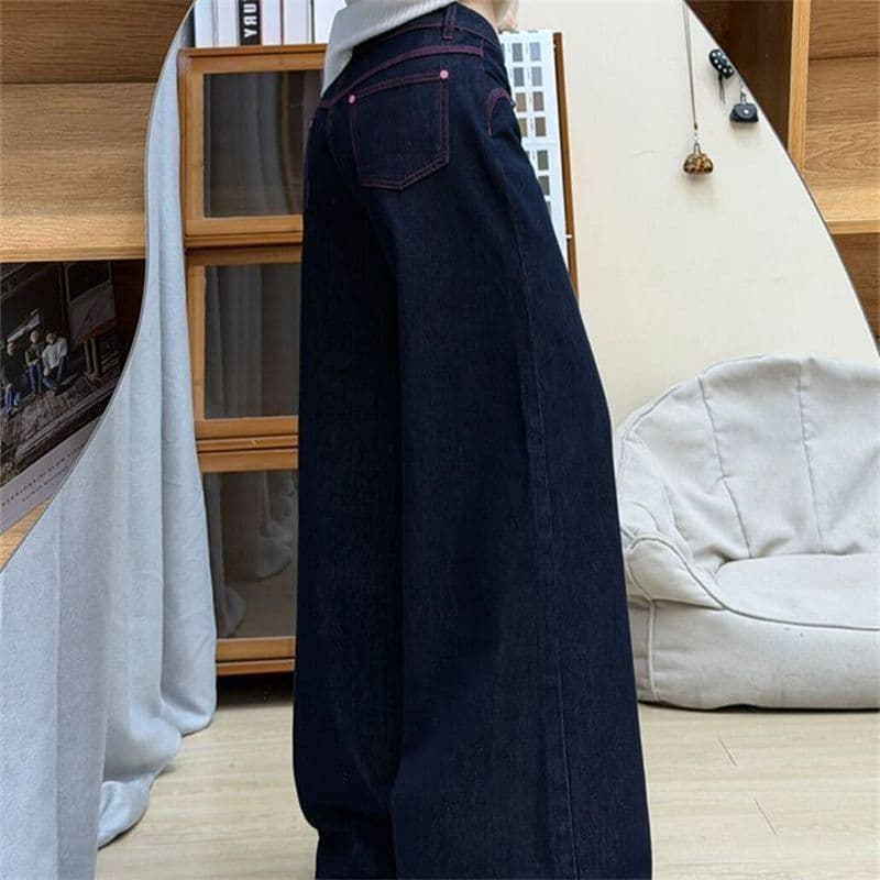 아메리칸 레트로 진한 파란색 넓은 다리 청바지 여성 봄 가을 루즈핏 로우 웨이스트 도루 센스 디스플레이 높음 슬림해 보이는 스트레이트 바지 이미지 4