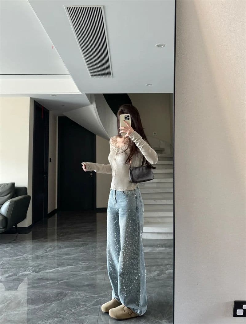빛나다 은하계 핫픽스 청바지 봄 새로운 패션 외국 가스 다용도 여성 의류 하이웨이스트 슬림해 보이는 루즈핏 와이드 레그 팬츠 상세 이미지 2