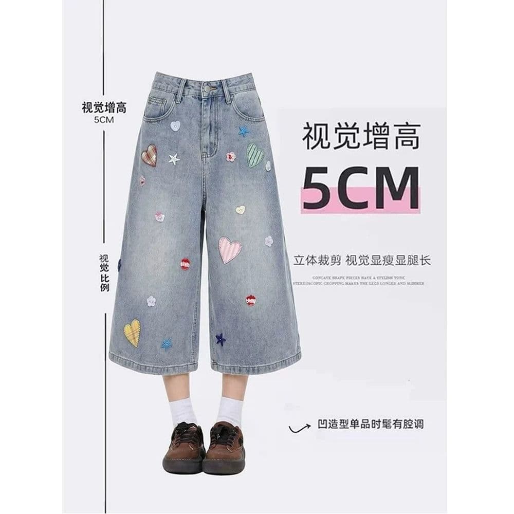 아메리칸 레트로 패치 자수 넓은 다리 데님 7부 바지 여성 여름 새로운 슬림해 보이는 스트레이트 아메리칸 하트 반바지