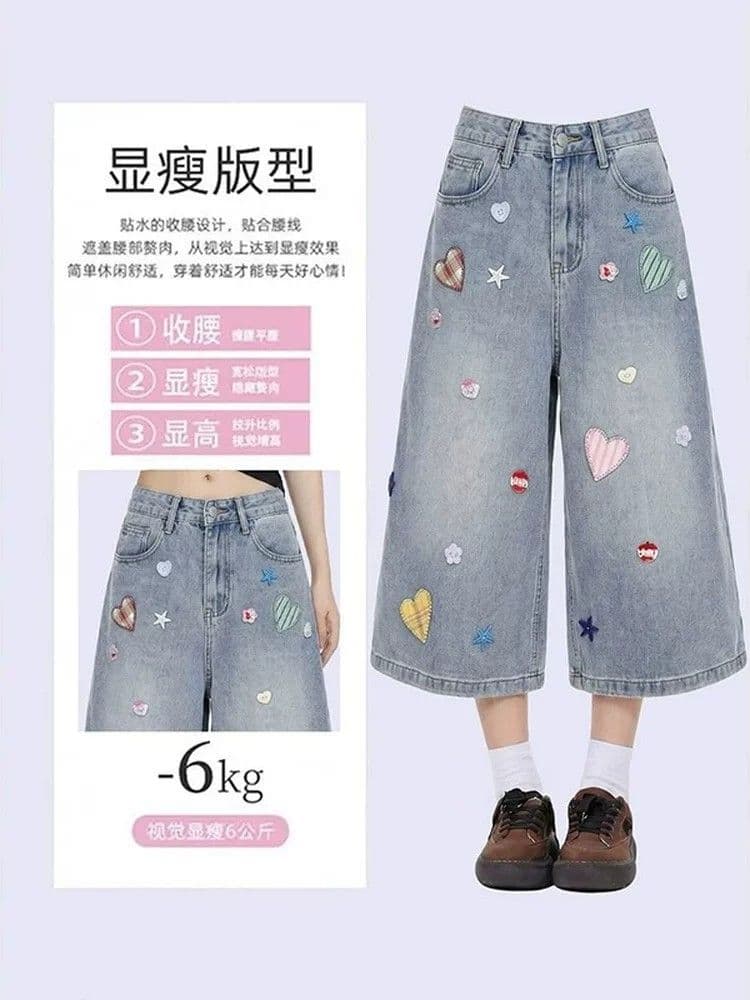 아메리칸 레트로 패치 자수 넓은 다리 데님 7부 바지 여성 여름 새로운 슬림해 보이는 스트레이트 아메리칸 하트 반바지 상세 이미지 4