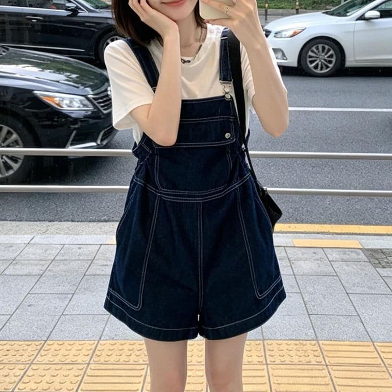 ins 트렌디 개성 캐주얼 디자인 센스 데님 멜빵 반바지 여성 봄 여름 새로운 다용도 멜빵 청바지 트렌디 이미지 3