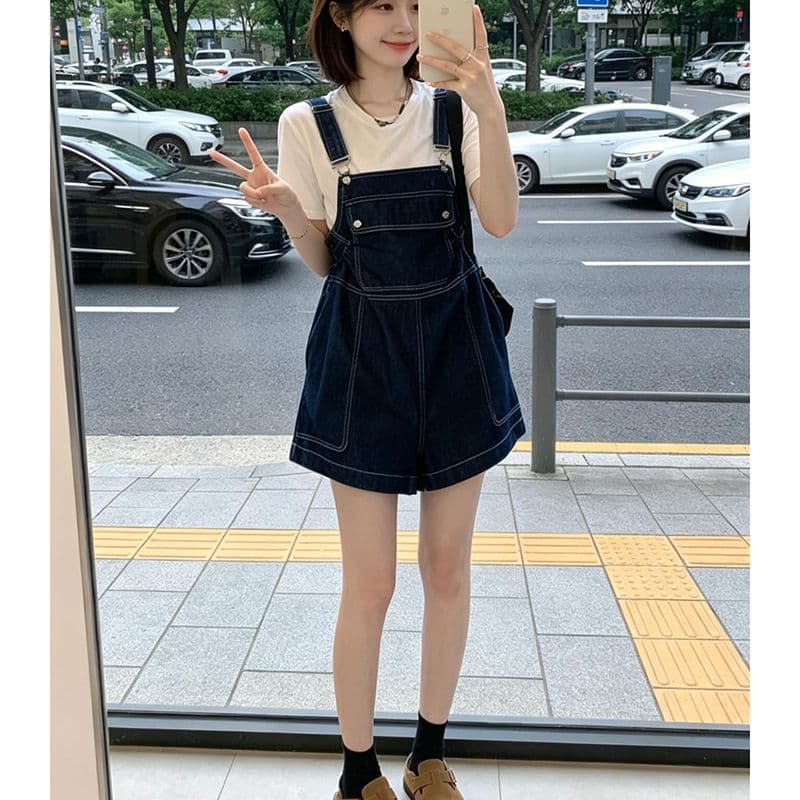 ins 트렌디 개성 캐주얼 디자인 센스 데님 멜빵 반바지 여성 봄 여름 새로운 다용도 멜빵 청바지 트렌디 이미지 2