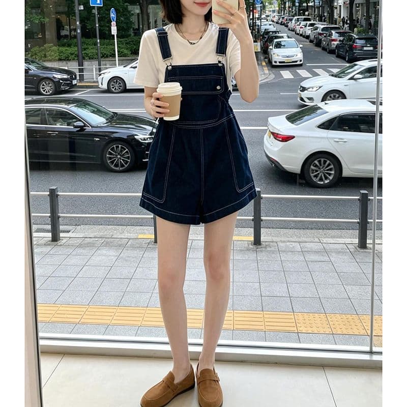 ins 트렌디 개성 캐주얼 디자인 센스 데님 멜빵 반바지 여성 봄 여름 새로운 다용도 멜빵 청바지 트렌디 이미지 4