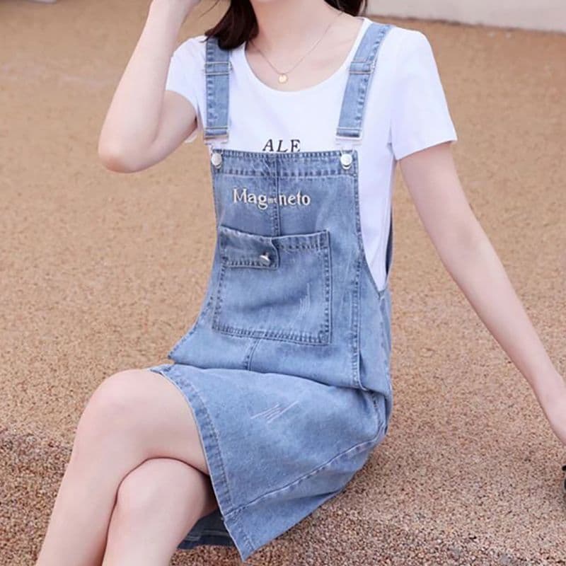 달콤한 차가운 학원 스타일 디자인 센스 데님 멜빵 스커트 아이들 봄 여름 새로운 루즈핏 다용도 멜빵 데님 스커트 이미지 2
