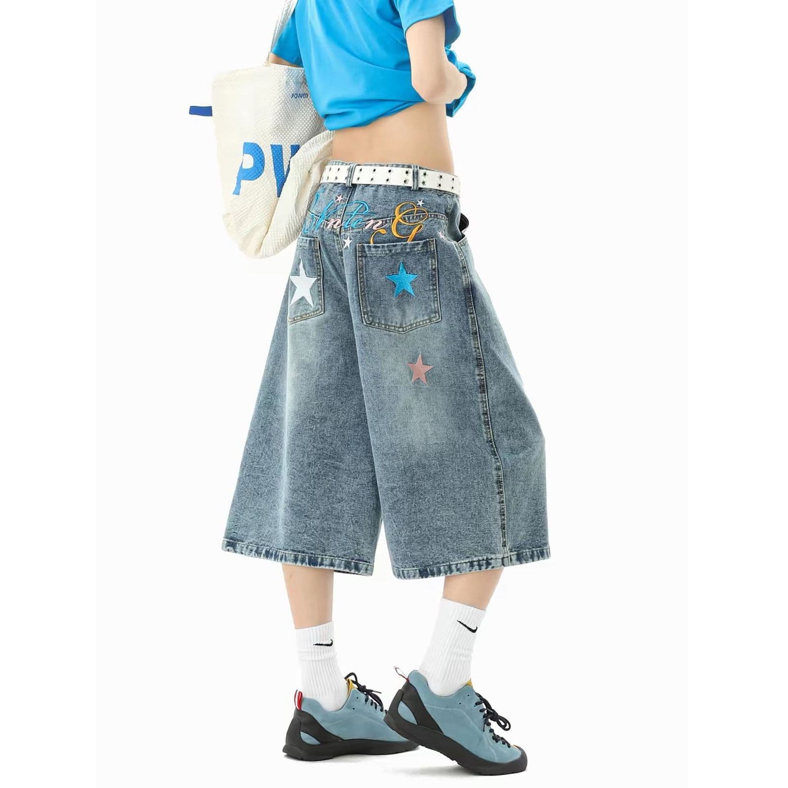 아메리칸 별 데님 반바지 남녀 여름 높음 거리 꽃 몸 자수 7 점 바지 vibe 루즈핏 넓은 다리 바지