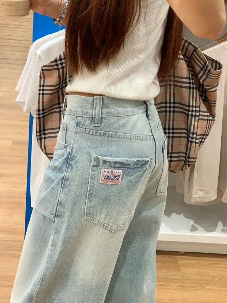 레트로 밝은색 마 오래된 넓은 다리 청바지 여성 여름 2026 새로운 하이웨이스트 루즈핏 스트레이트 팬츠 상세 이미지 5