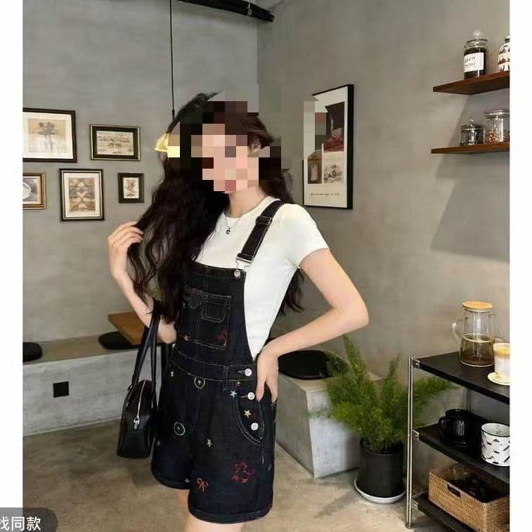 디자인 센스 미니멀리즘 데님 멜빵 반바지 여성 봄 여름 새로운 패션 개성 중성 멜빵 데님 반바지 트렌디 상세 이미지 7