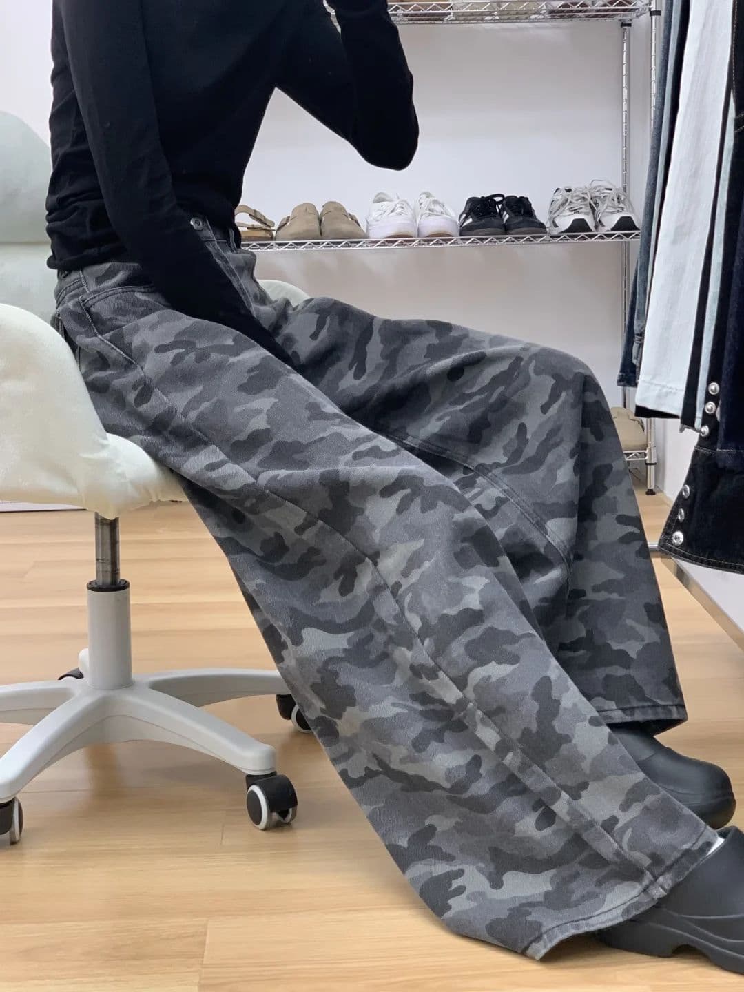 아메리칸 레트로 카모플라주 회색 청바지 여성 가을 새로운 vibe 조수 브랜드 악당 잘 생긴 루즈핏 스트레이트 넓은 다리 길이 바지 상세 이미지 5