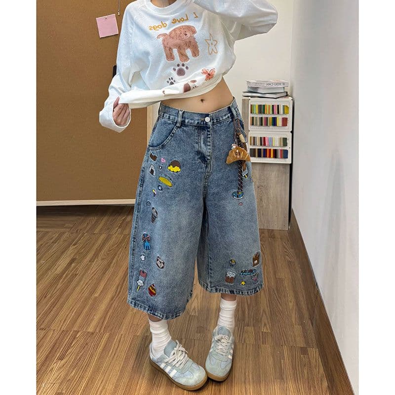 하라주쿠 스타일 자수 7 점 청바지 여성 봄 여름 새로운 하이웨이스트 루즈핏 패션 개성 7 점 청바지 트렌디