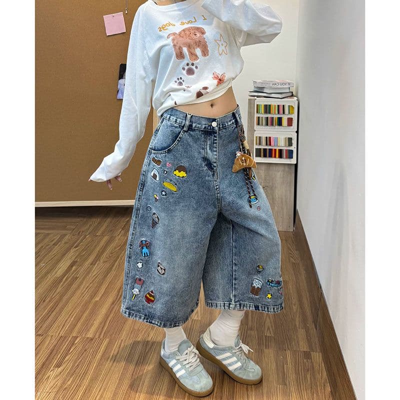 하라주쿠 스타일 자수 7 점 청바지 여성 봄 여름 새로운 하이웨이스트 루즈핏 패션 개성 7 점 청바지 트렌디 이미지 2