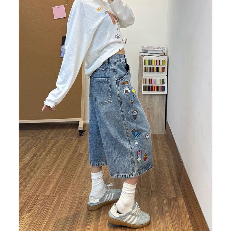 하라주쿠 스타일 자수 7 점 청바지 여성 봄 여름 새로운 하이웨이스트 루즈핏 패션 개성 7 점 청바지 트렌디 이미지 3