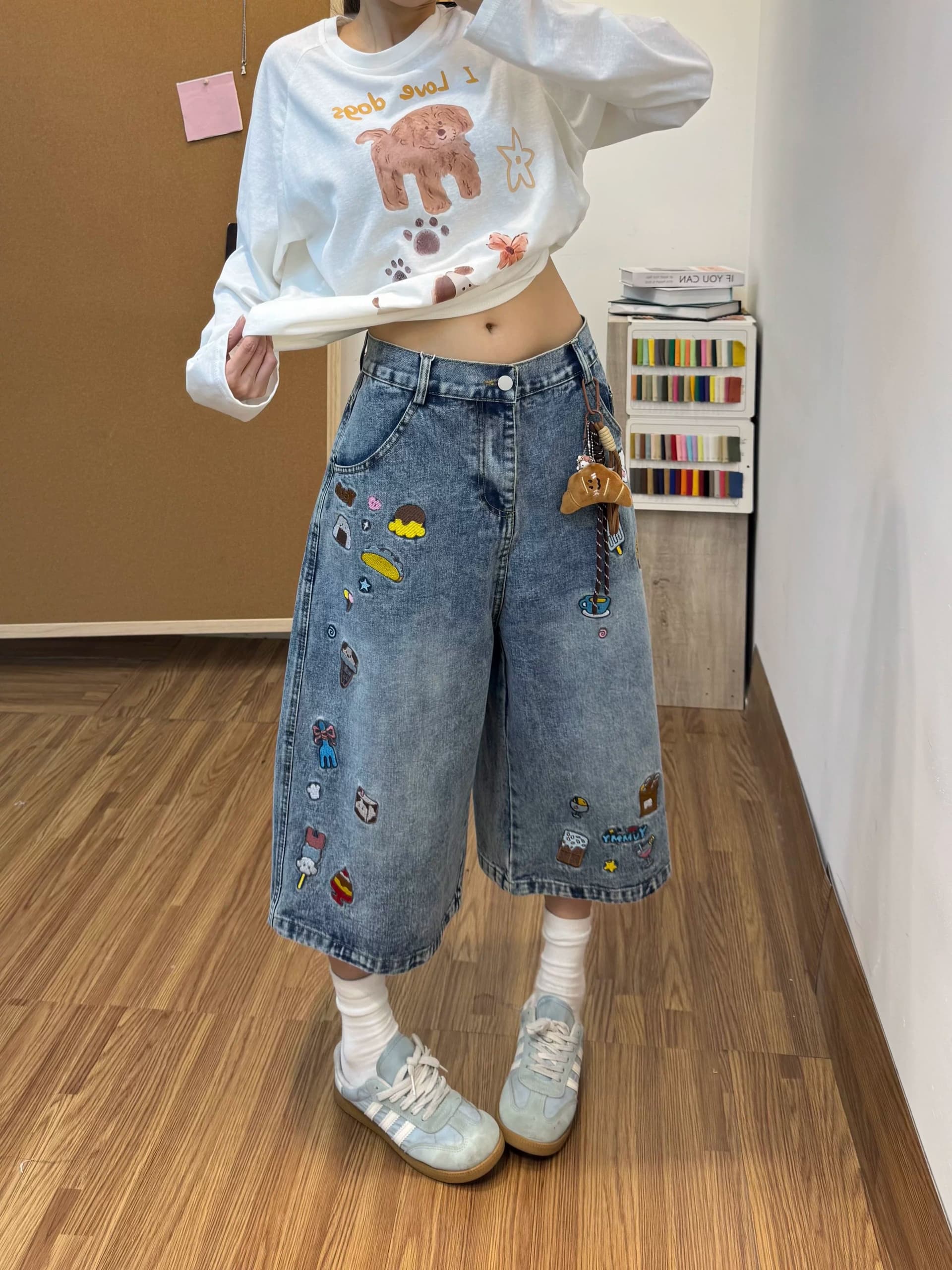 하라주쿠 스타일 자수 7 점 청바지 여성 봄 여름 새로운 하이웨이스트 루즈핏 패션 개성 7 점 청바지 트렌디 상세 이미지 2