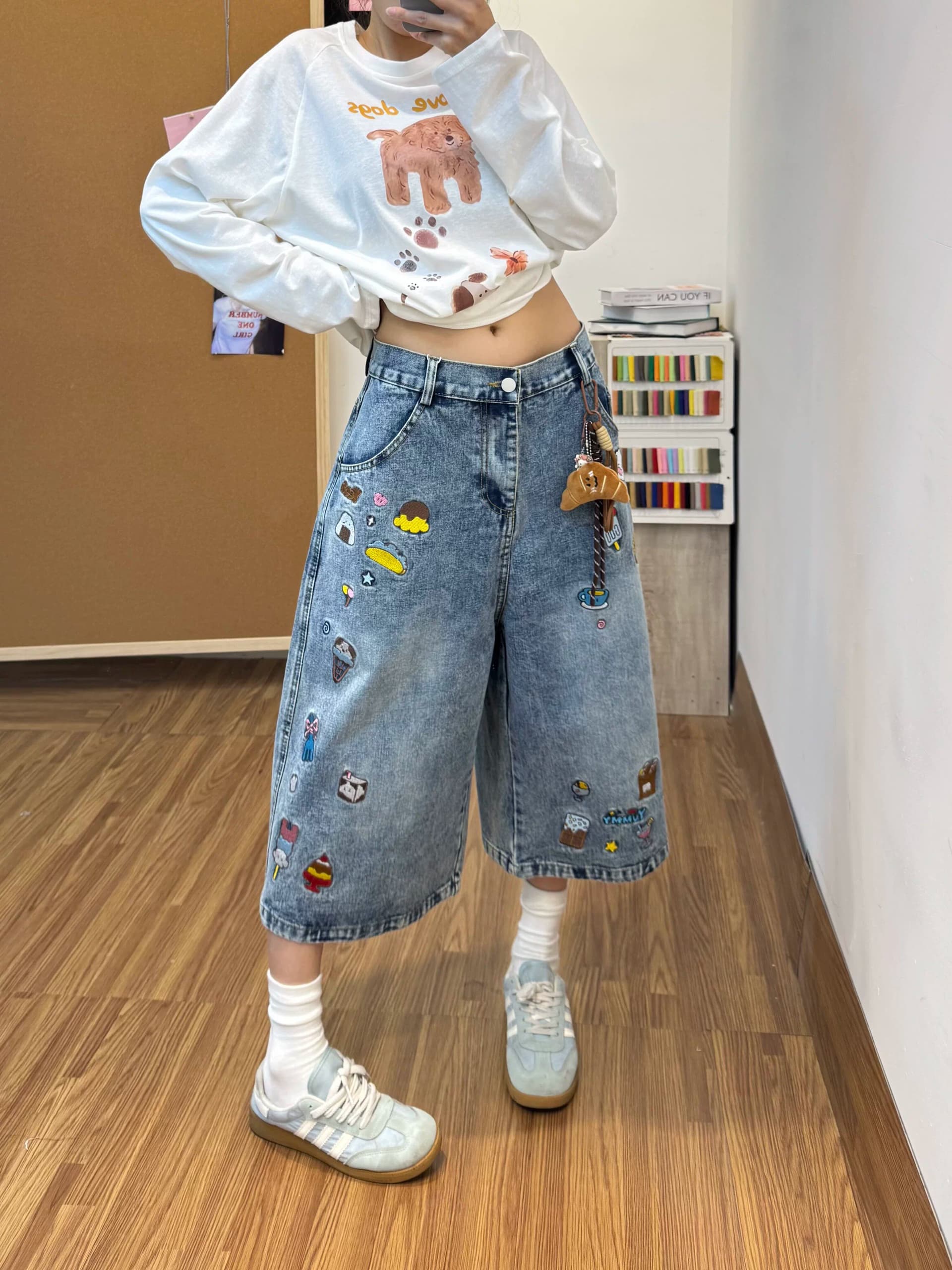하라주쿠 스타일 자수 7 점 청바지 여성 봄 여름 새로운 하이웨이스트 루즈핏 패션 개성 7 점 청바지 트렌디 상세 이미지 3