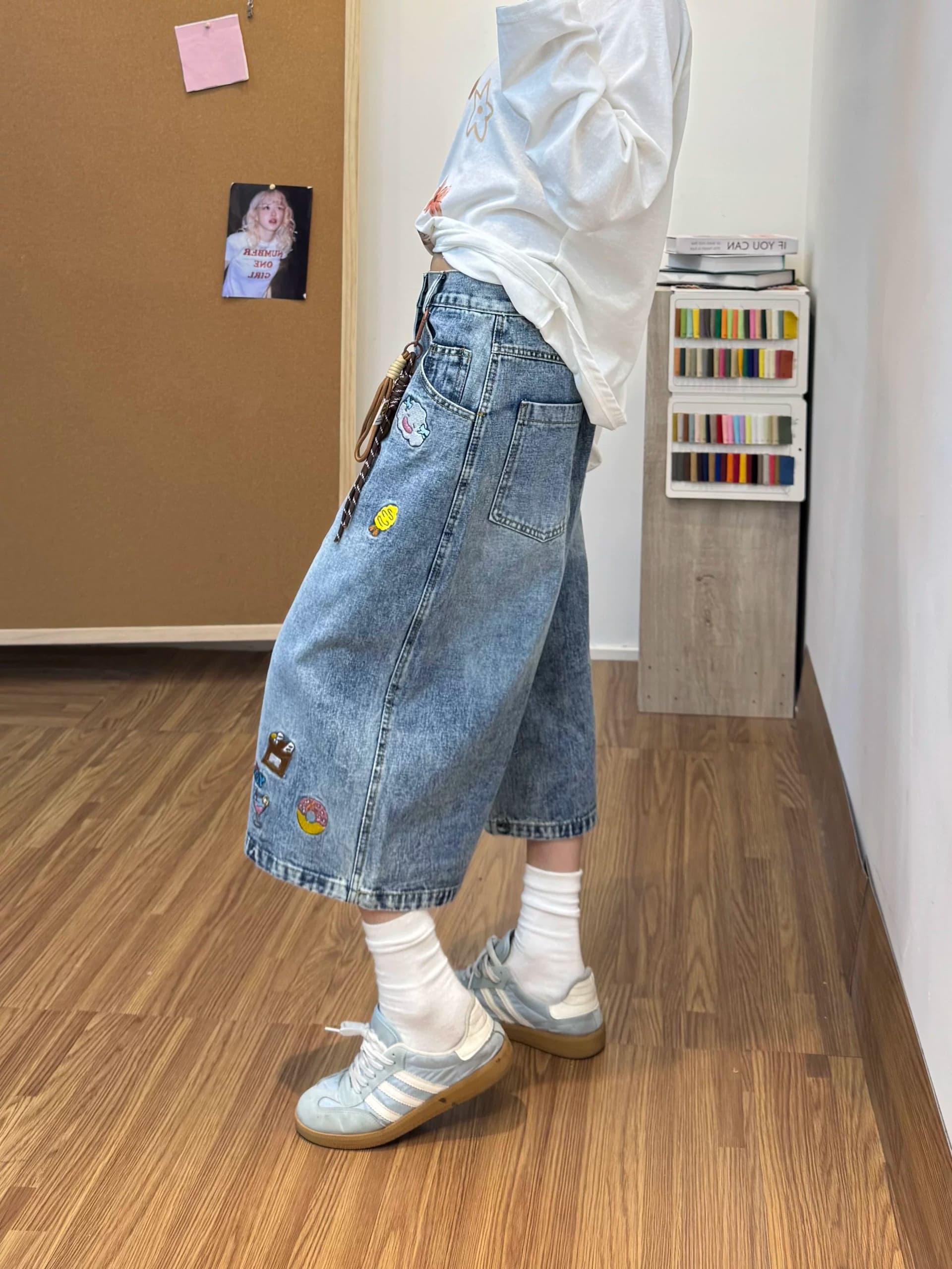 하라주쿠 스타일 자수 7 점 청바지 여성 봄 여름 새로운 하이웨이스트 루즈핏 패션 개성 7 점 청바지 트렌디 상세 이미지 7