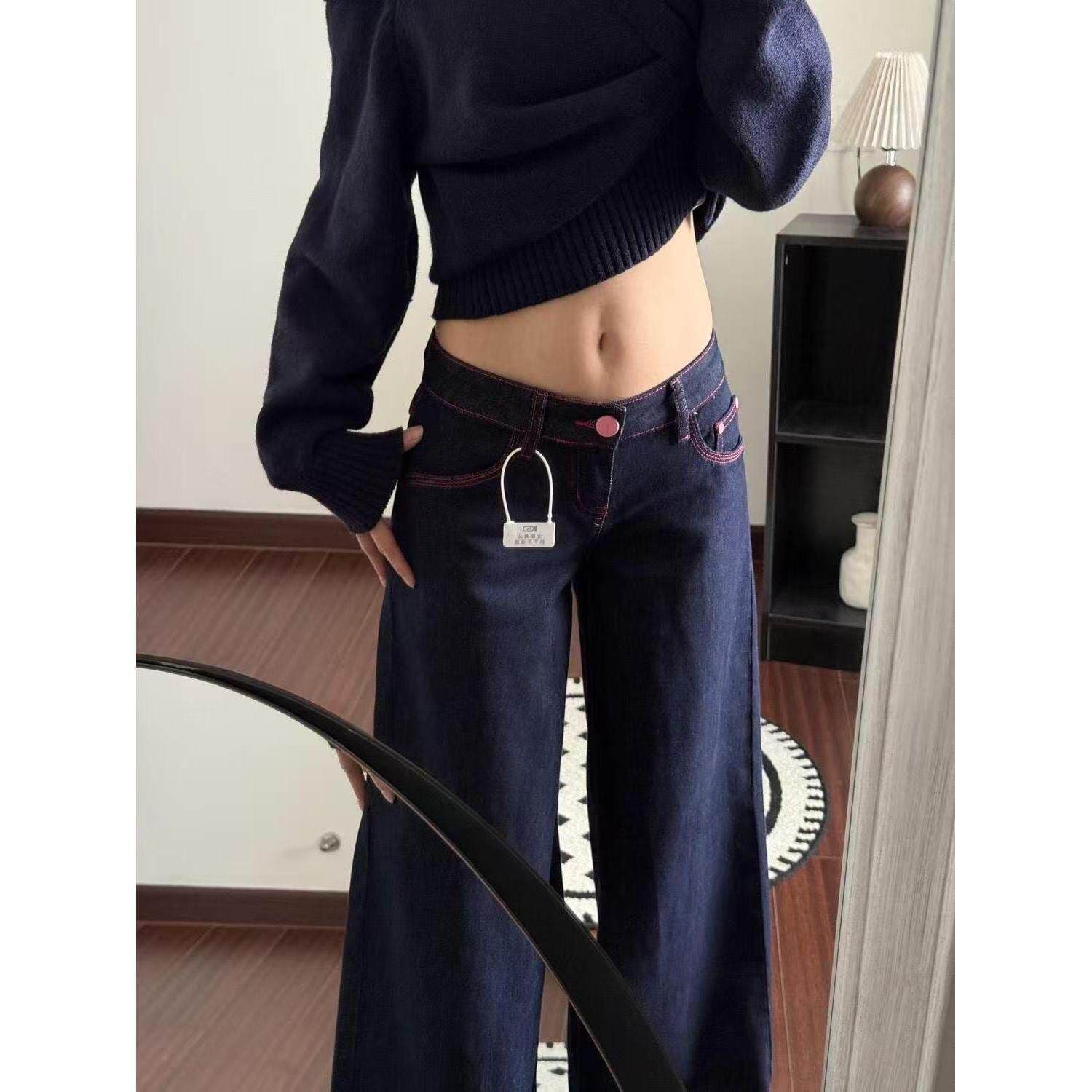 개성 디자인 센스 배색 로우 웨이스트 오. 청바지 여자 넓은 다리 루즈핏 얇은 스타일 바지 스트레이트 진한 파란색 긴 바지 이미지 3