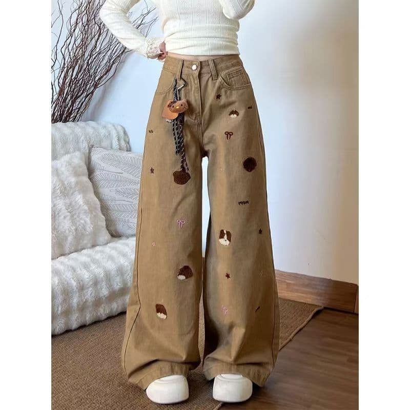 달콤한 차가운 핫걸 아메리칸 바람 강아지 자수 넓은 다리 청바지 여성 카키 색 루즈핏 느긋한 스트레이트 바닥 청소 긴 바지 상세 이미지 1