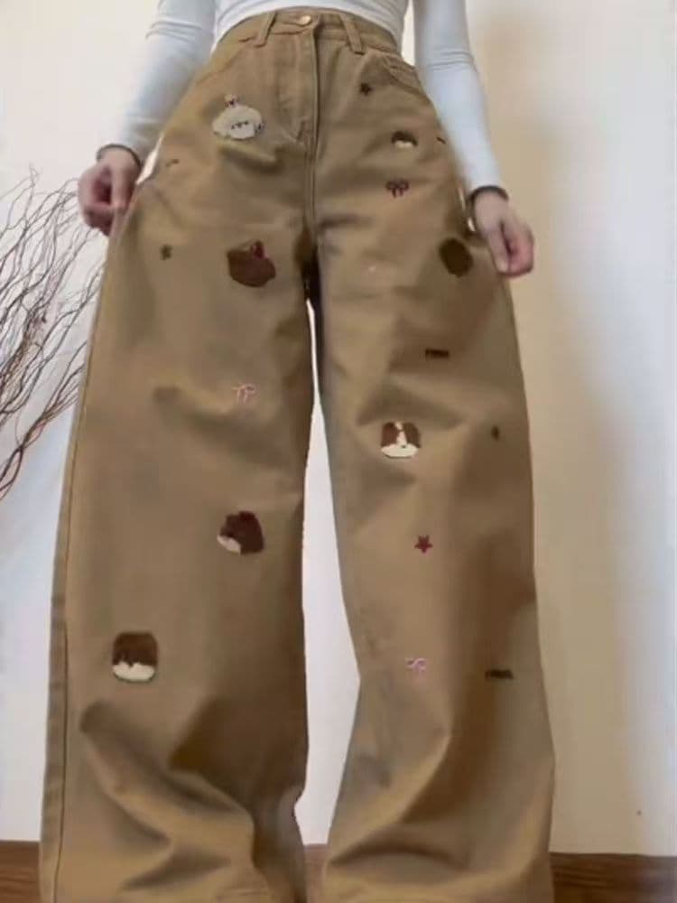 달콤한 차가운 핫걸 아메리칸 바람 강아지 자수 넓은 다리 청바지 여성 카키 색 루즈핏 느긋한 스트레이트 바닥 청소 긴 바지 상세 이미지 5