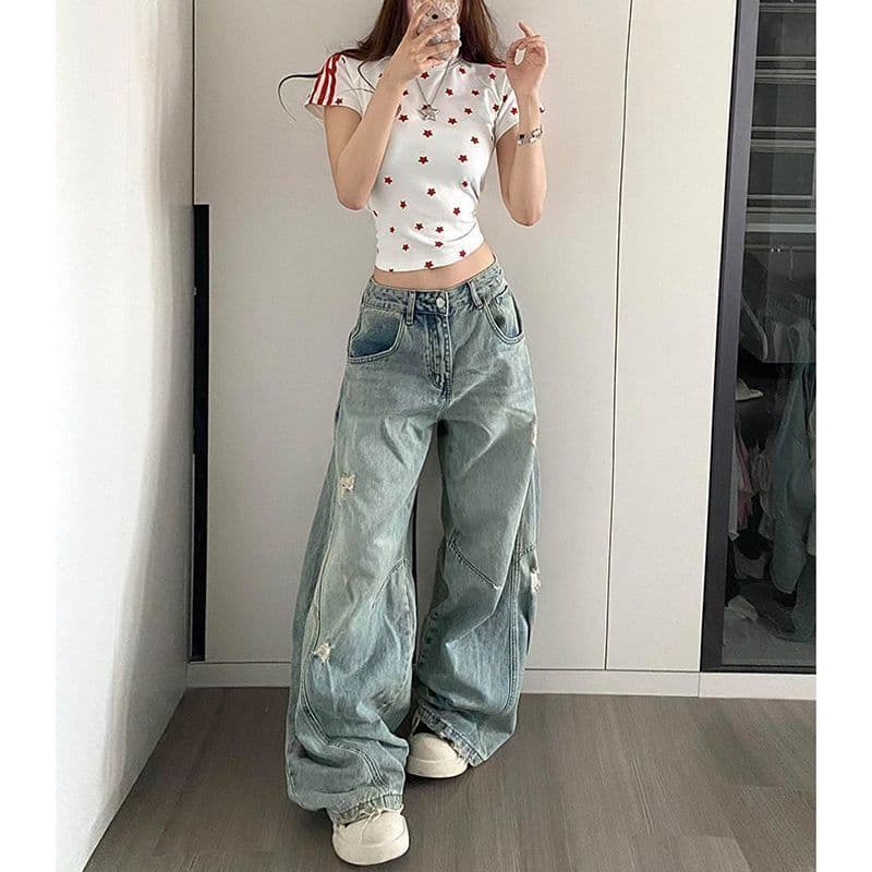 봄 가을 새로운 찢어진 부분 모통이 칼 청바지 여성 디자인 센스 루즈핏 넓은 다리 스트레이트 바닥 청소 데님 바지 이미지 4
