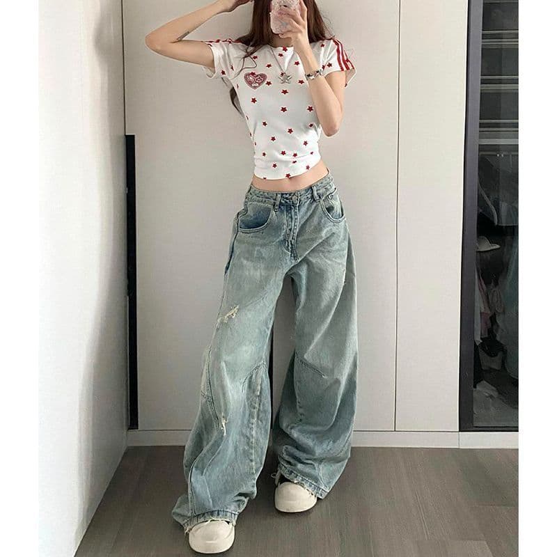 봄 가을 새로운 찢어진 부분 모통이 칼 청바지 여성 디자인 센스 루즈핏 넓은 다리 스트레이트 바닥 청소 데님 바지 상세 이미지 5