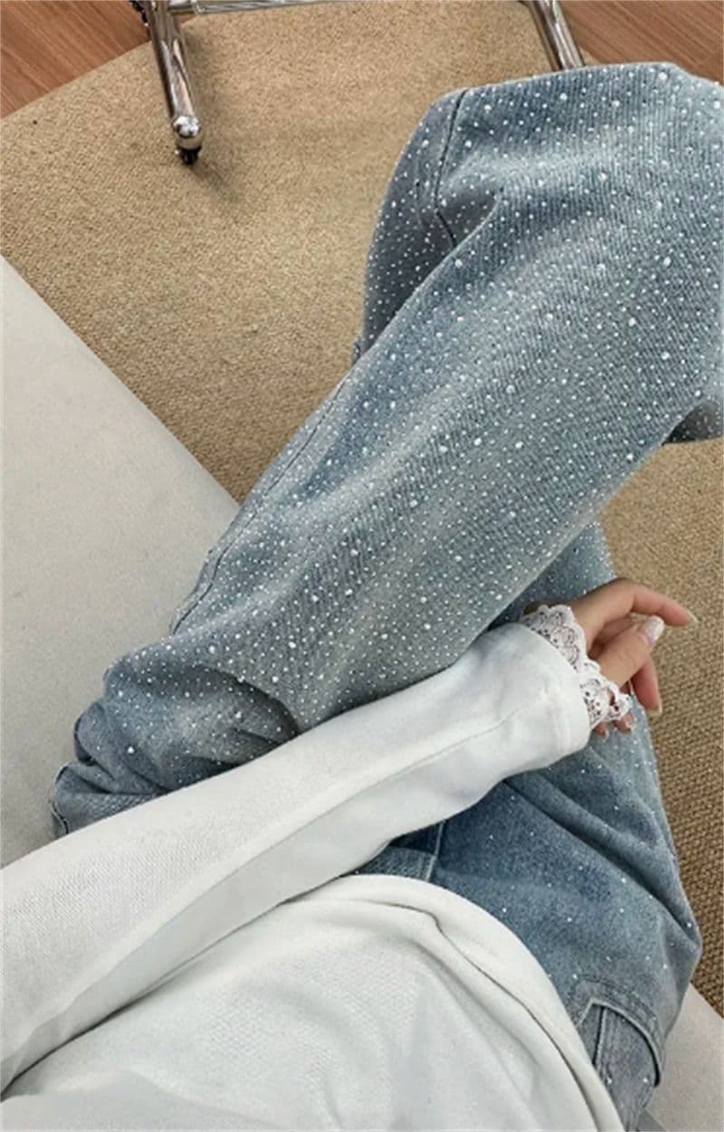 Gypsophila 핫픽스 빛나다 넓은 다리 청바지 여성 여름 2026 키 큰 남자 새로운 슬림해 보이는 느긋한 바람 바닥 청소 바지 상세 이미지 1