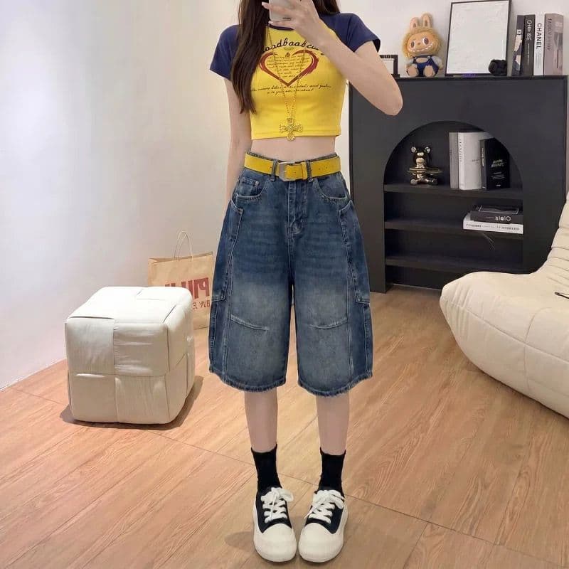 웃음 하 출퇴근 찢어진 부분 데님 오부 바지 여성 봄 여름 새로운 루즈핏 캐주얼 다용도 데님 오부 바지 트렌디
