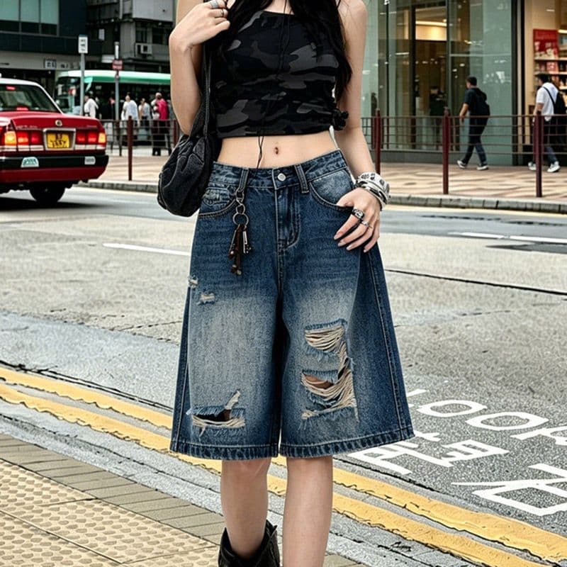 중성 웃음 하 찢어진 부분 스트레이트 데님 오부 바지 여성 봄 여름 새로운 루즈핏 패션 트렌드 데님 오부 바지 이미지 2