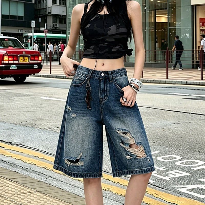 중성 웃음 하 찢어진 부분 스트레이트 데님 오부 바지 여성 봄 여름 새로운 루즈핏 패션 트렌드 데님 오부 바지