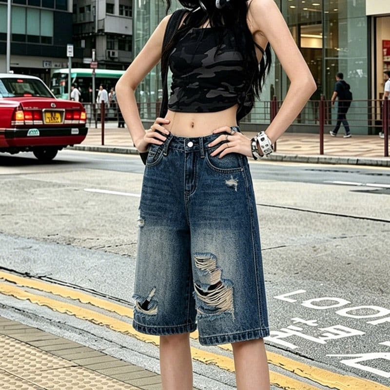중성 웃음 하 찢어진 부분 스트레이트 데님 오부 바지 여성 봄 여름 새로운 루즈핏 패션 트렌드 데님 오부 바지 이미지 3