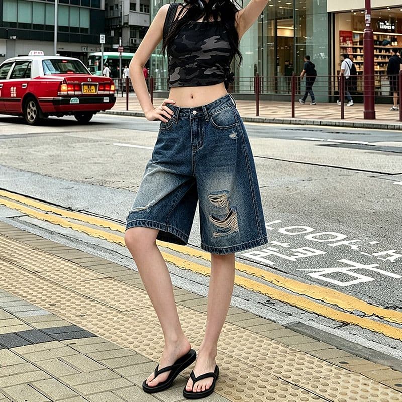 중성 웃음 하 찢어진 부분 스트레이트 데님 오부 바지 여성 봄 여름 새로운 루즈핏 패션 트렌드 데님 오부 바지 이미지 4