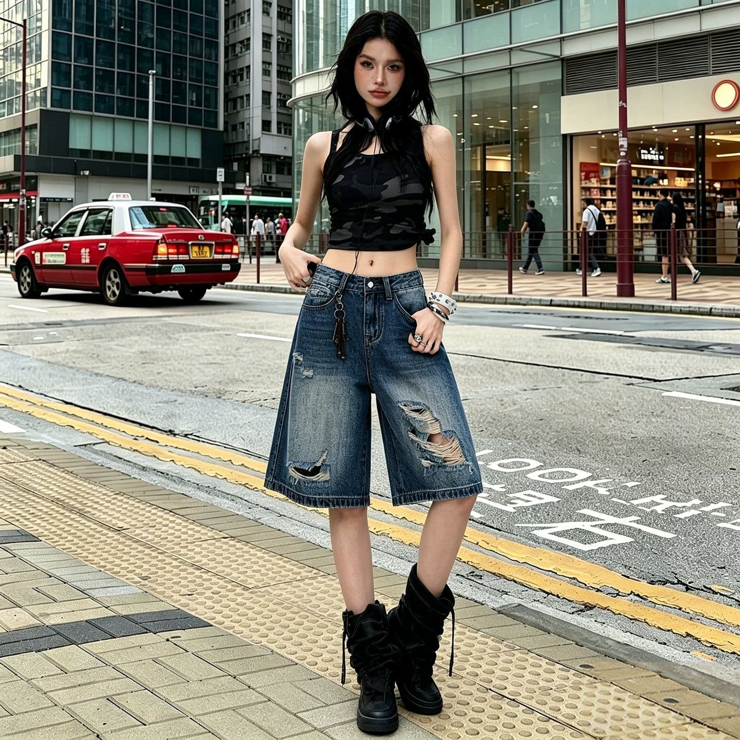 중성 웃음 하 찢어진 부분 스트레이트 데님 오부 바지 여성 봄 여름 새로운 루즈핏 패션 트렌드 데님 오부 바지 상세 이미지 2