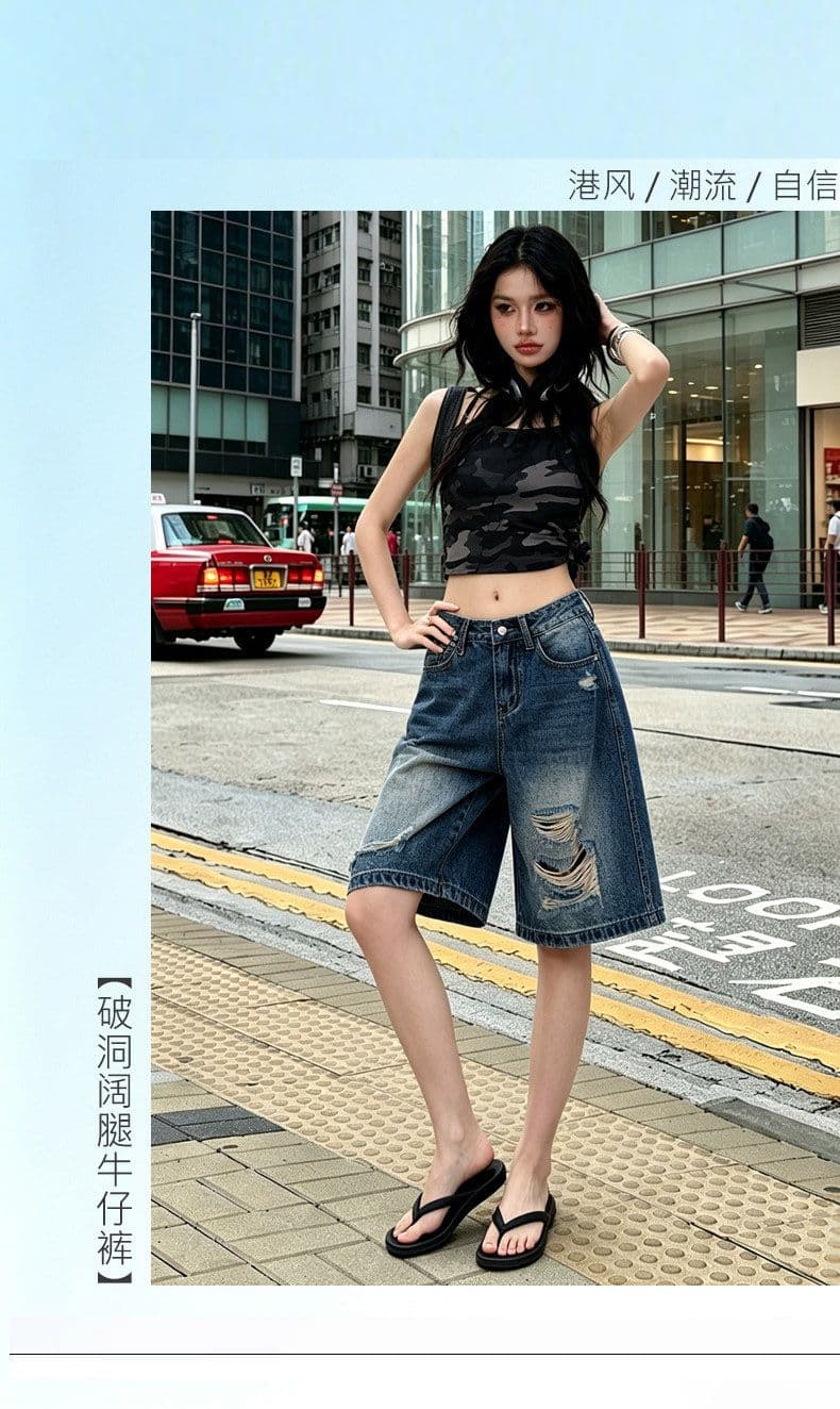 중성 웃음 하 찢어진 부분 스트레이트 데님 오부 바지 여성 봄 여름 새로운 루즈핏 패션 트렌드 데님 오부 바지 상세 이미지 3