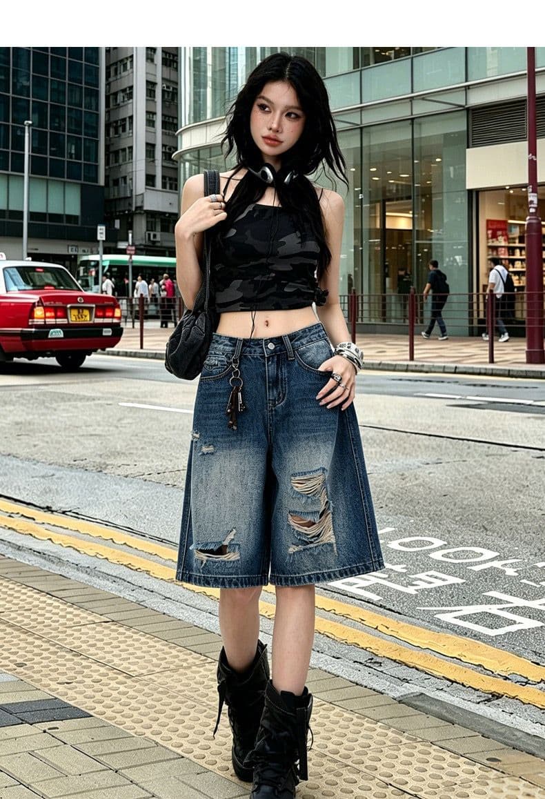 중성 웃음 하 찢어진 부분 스트레이트 데님 오부 바지 여성 봄 여름 새로운 루즈핏 패션 트렌드 데님 오부 바지 상세 이미지 6