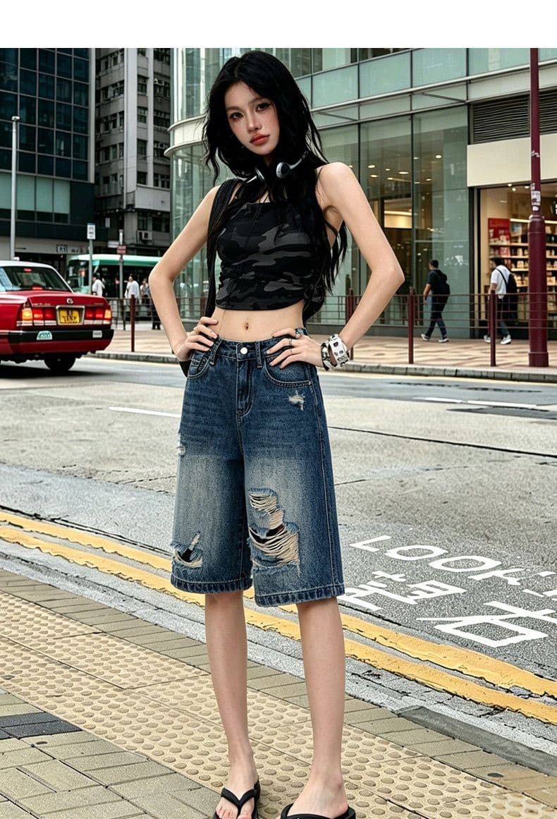 중성 웃음 하 찢어진 부분 스트레이트 데님 오부 바지 여성 봄 여름 새로운 루즈핏 패션 트렌드 데님 오부 바지 상세 이미지 7