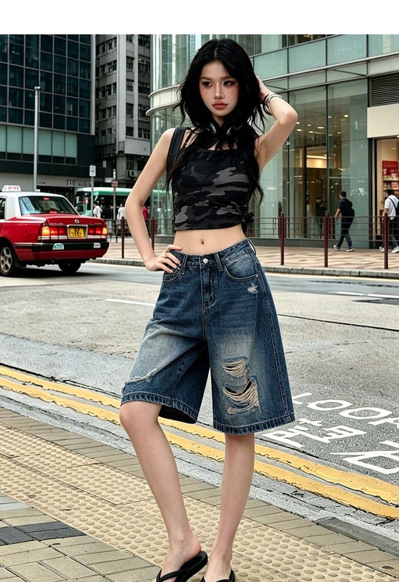 중성 웃음 하 찢어진 부분 스트레이트 데님 오부 바지 여성 봄 여름 새로운 루즈핏 패션 트렌드 데님 오부 바지 상세 이미지 9